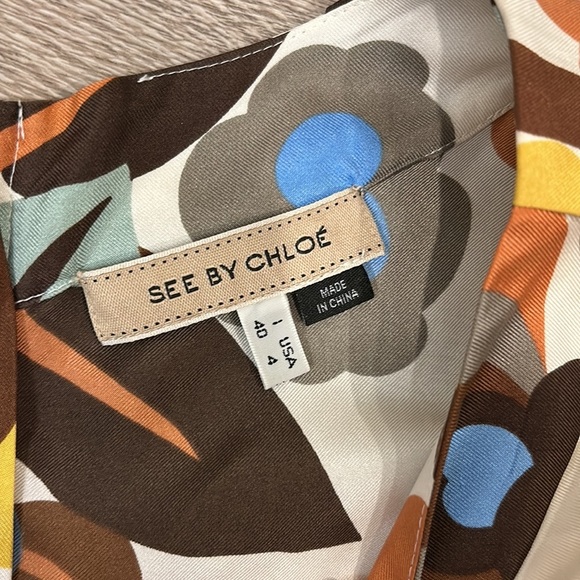 SEE BY CHLOE 60’s Mod Floral Pattern Silk Mini Shift  Short Sleeve Dress Size 4 - Picture 5 of 6